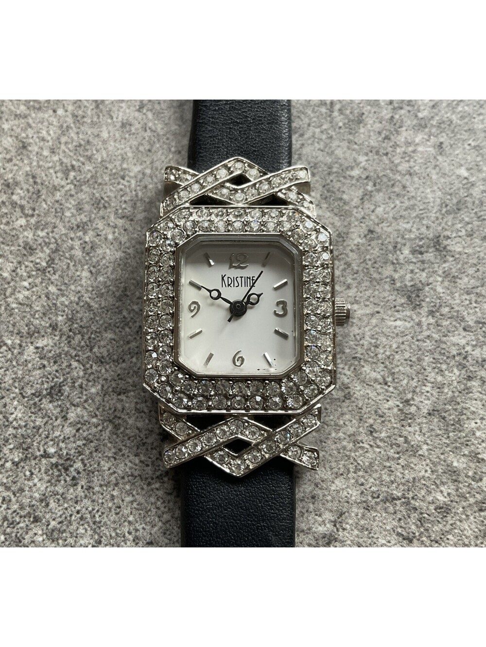 Beautiful Vintage Kristine Womens Watch 20mm Silver Tone Case Crystal Accents BU